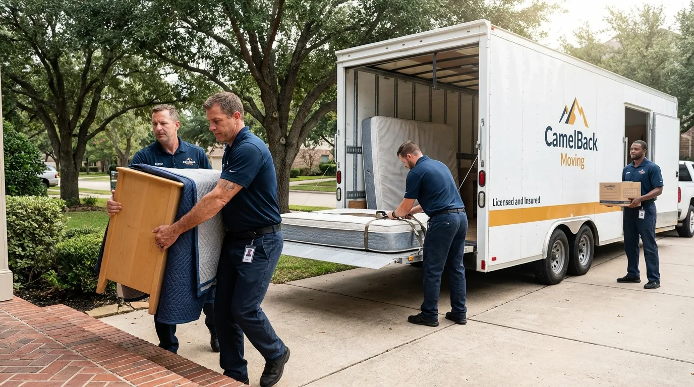 Crew loading residential truck for cross-state move from Agua Dulce, TX