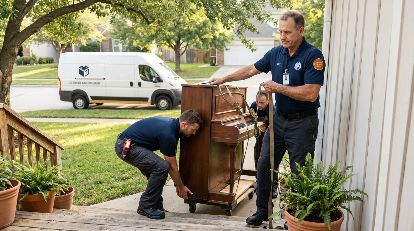 Licensed piano movers securing grand piano in Agua Dulce, TX