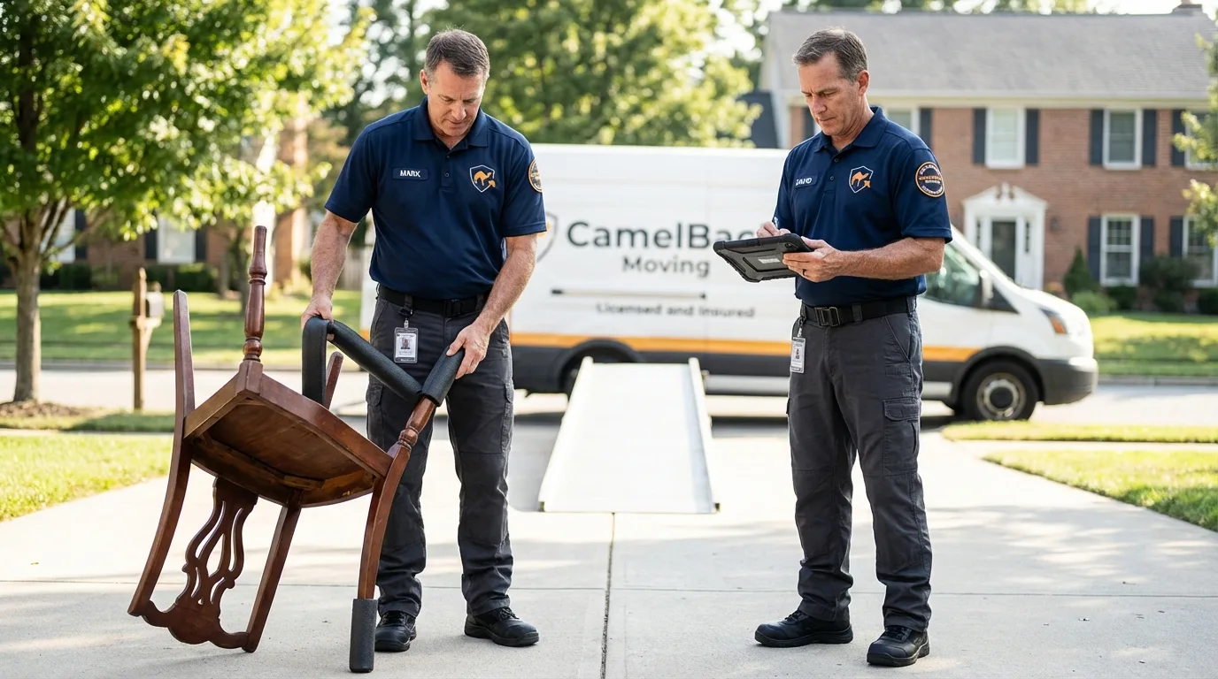Movers inspecting furniture for damage prevention before loading in Agua Dulce, TX