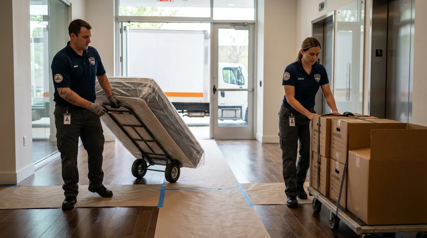 Professional apartment movers loading elevator in Agua Dulce, TX