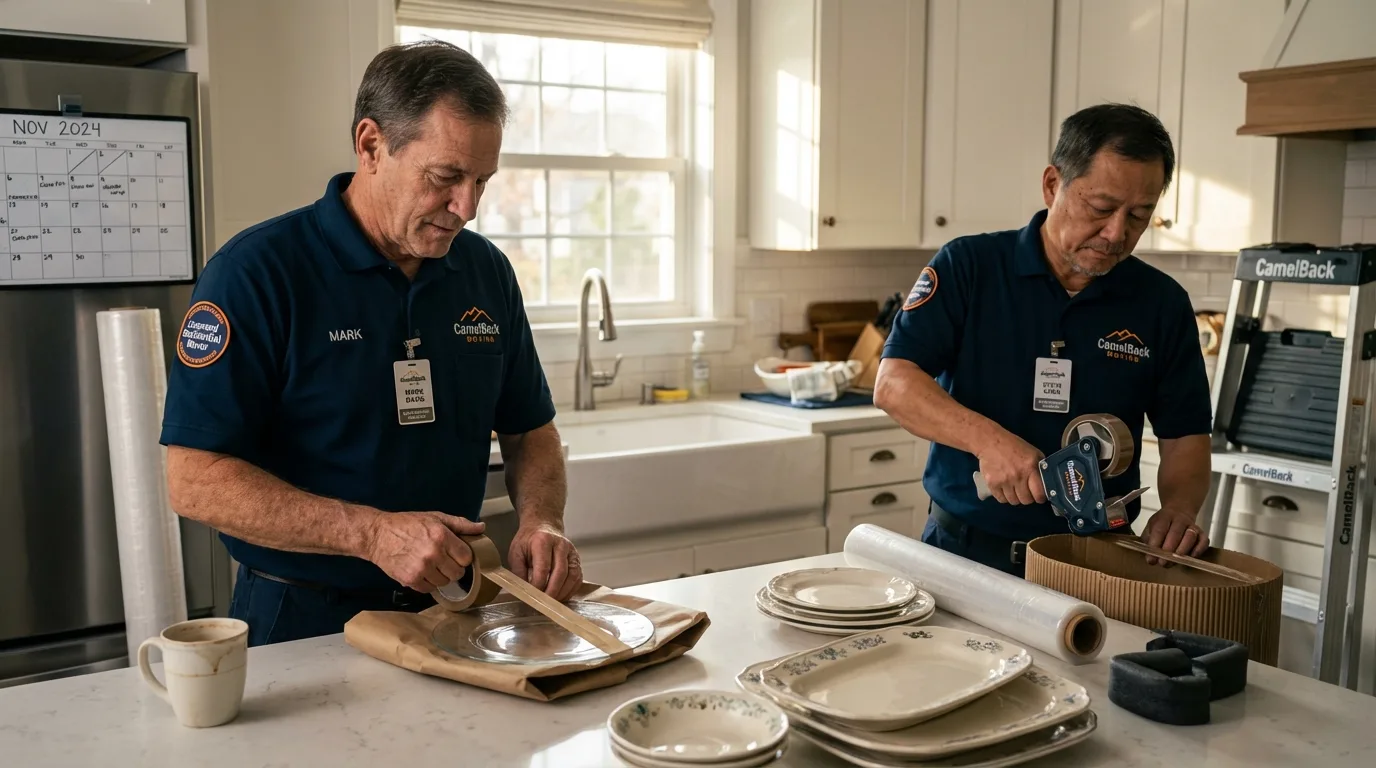 Professional crew packing kitchen dishware in Agua Dulce, TX